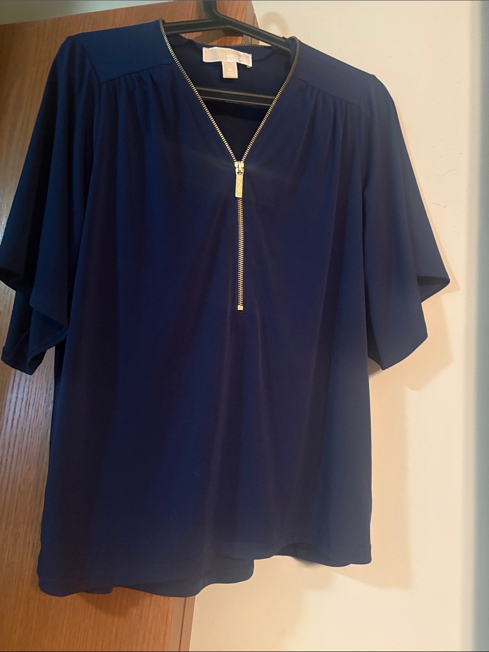Michael Kors Navy Zip-Front Flutter Sleeve Blouse